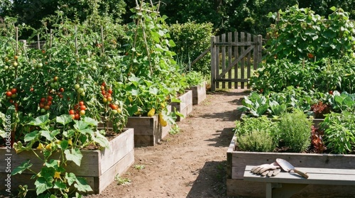 Lush Vegetable Garden Path with Wooden Raised Beds and Gardening Tools