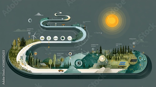 Eco-friendly sustainable energy infographic with green landscape