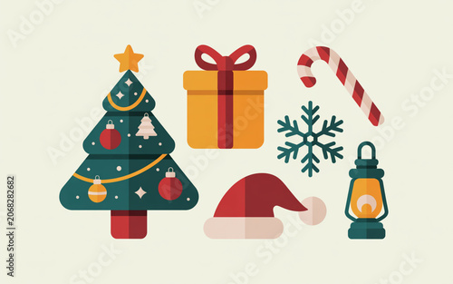 Flat christmas tree, gift, candy cane, snowflake, hat, lantern