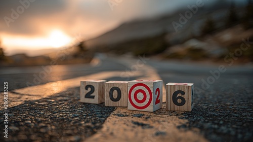 New Year 2016 target goals on road at sunset