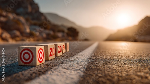 Target goal concept on road with sunset background