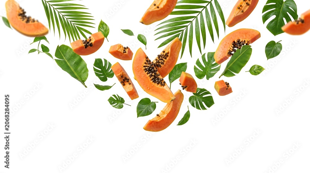 Fototapeta premium Fresh ripe orange papaya slices falling in the air with various tropical green leaves isolated on a white background.