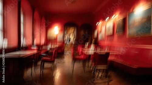Blurred interior of a dimly lit restaurant with red walls