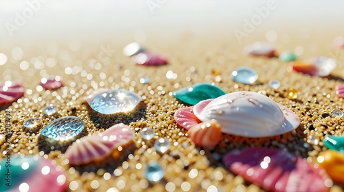 Macro shot of colorful seashells and shiny pearls on coastal sand beach
