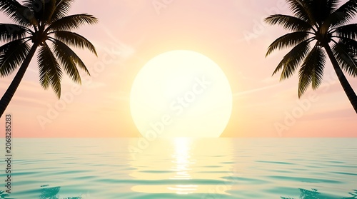 Soft pastel beach sunset landscape with palm trees and gentle waves