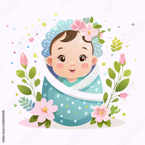 Born Baby Vector Wrapped in Swaddle with Pink Flowers.