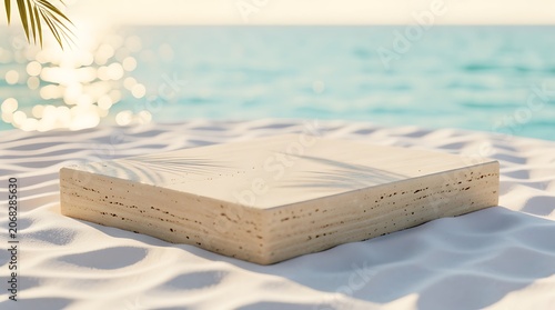 Minimalist stone podium on sunny beach for tropical product display