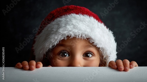 Curious child in Santa hat peeking from behind white board on dark background