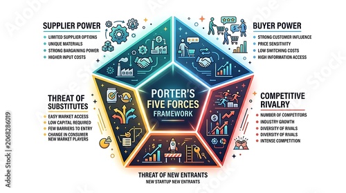 Five forces business framework for market competition analysis