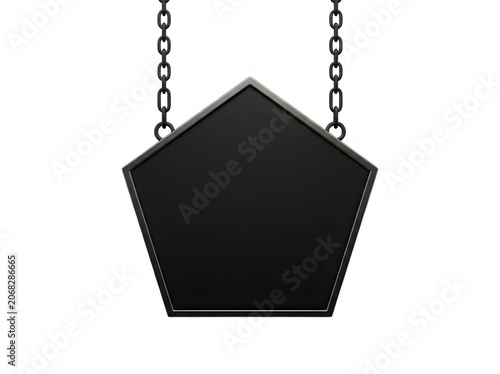 Black pentagon sign board hanging on metal chains for display or information isolated on transparent background