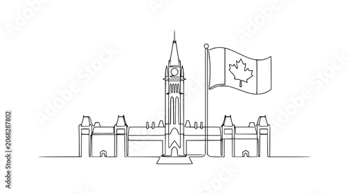 фотографія Parliament Building Ottawa Canada Line Art with Canadian Flag