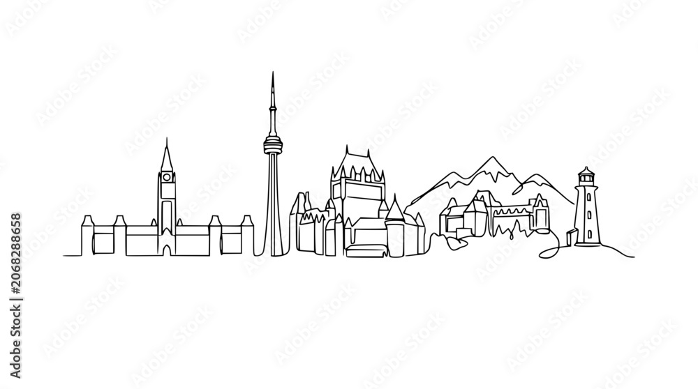 Obraz premium Continuous Line Drawing of Canadian Skyline - Toronto, Quebec City, Rocky Mountains, Lighthouse