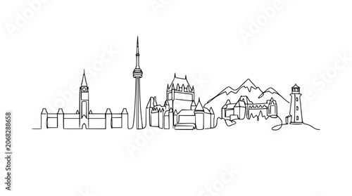 Konstfotografi Continuous Line Drawing of Canadian Skyline - Toronto, Quebec City, Rocky Mounta