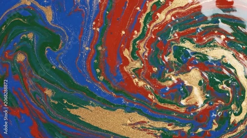 Abstract marble background with blue, red, green and gold swirls