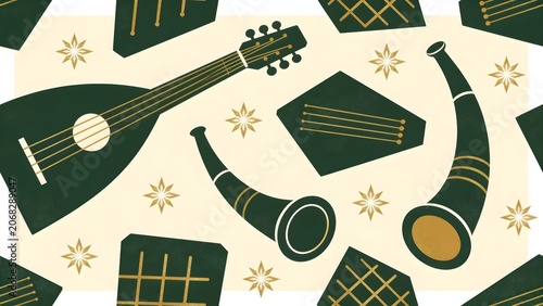 Austrian Alpine Folk Instrument Silhouette Half-Drop Textile Pattern — Zither Alphorn Hackbrett, Forest Green Ivory Gold