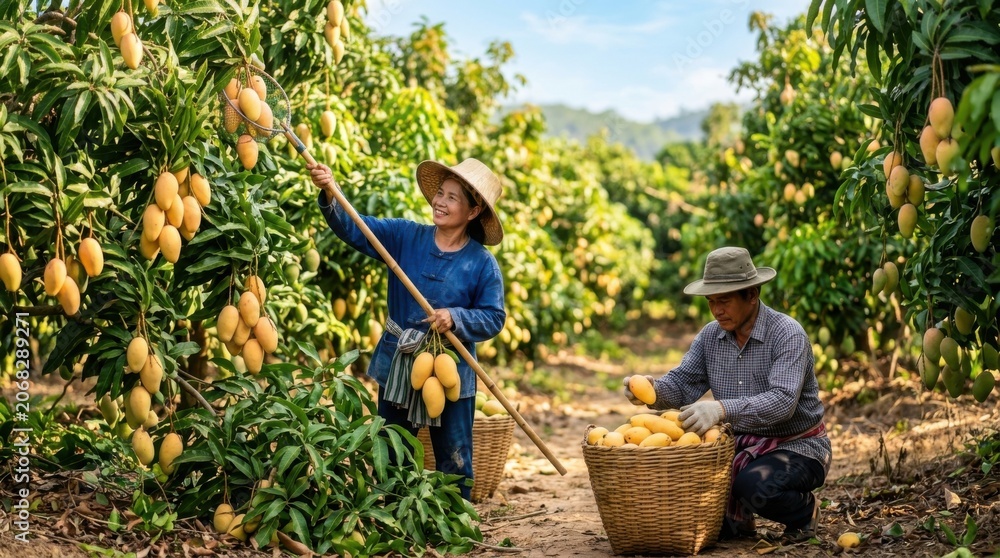 Fototapeta premium Women and Men Harvesting Mangoes in Lush Farm Field Under Sunny Sky