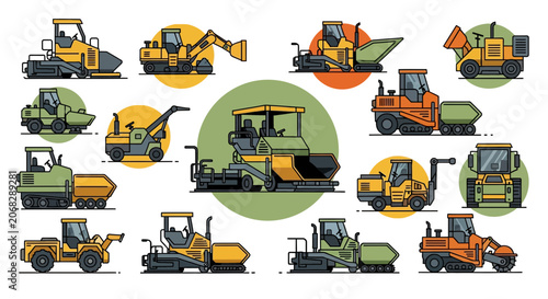 Heavy Construction Machinery and Road Paving Equipment Vector Illustration Set