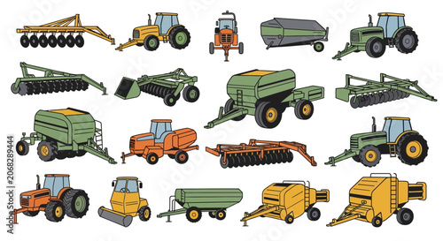 Set of agricultural machinery and farm equipment vector icons