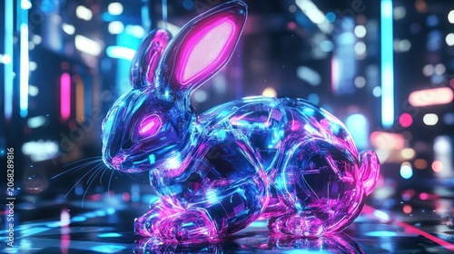 Neon rabbit in futuristic cityscape