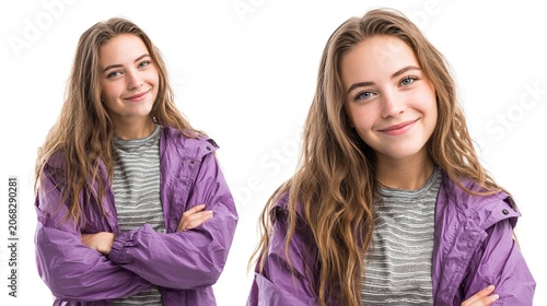 Two teenage girls with long hair wearing purple jackets