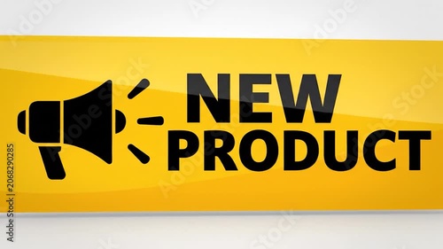 A bright yellow banner announces a new product launch with a megaphone icon