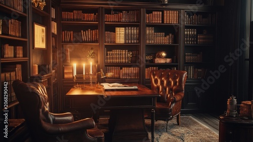 Luxury study with antique bookshelves and leather furniture
