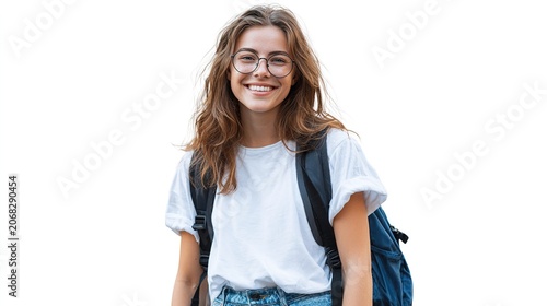 Young woman with backpack smiling isolated on white background