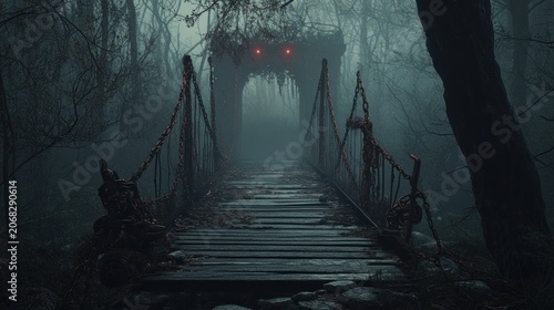 Scary abandoned bridge in a foggy forest