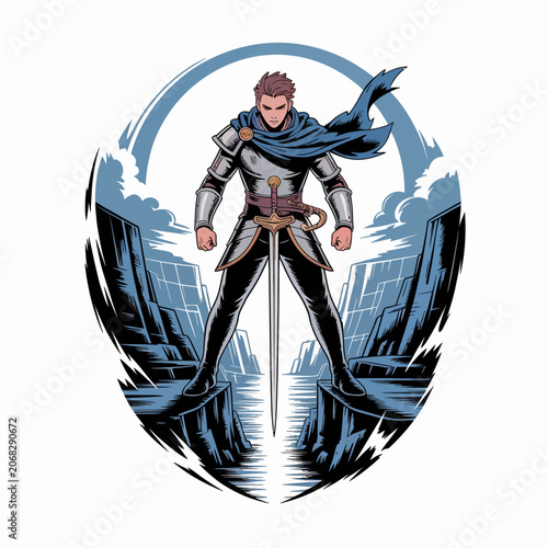 Foto Superhero in armor standing strong.