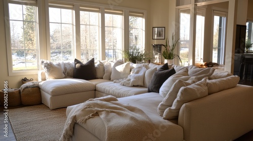 Modern living room sofa with big windows