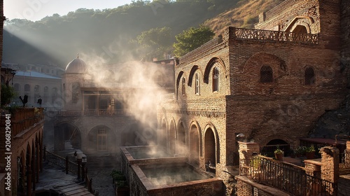 Ancient architecture with steam rising, historic building with arches