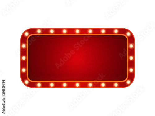 Red rectangular marquee sign with glowing light bulbs for cinema or theater show advertisement isolated on transparent background