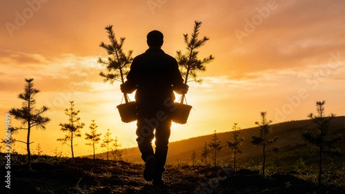 Silhouette of man carrying tree saplings during sunset in field ideal for afforestation project presentation and environmental group social media