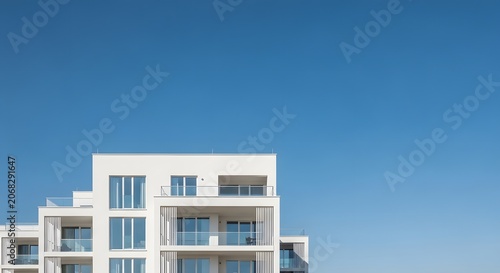 Apartment building facade with clean lines and large glass balconies rises against a clear blue sky to represent urban residential living.