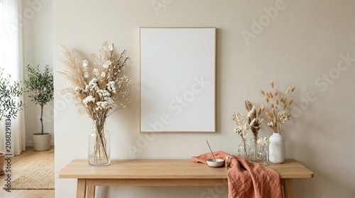 Blank vertical frame hanging on a beige wall above a wooden console table with dried flowers in glass vases and a terracotta cloth