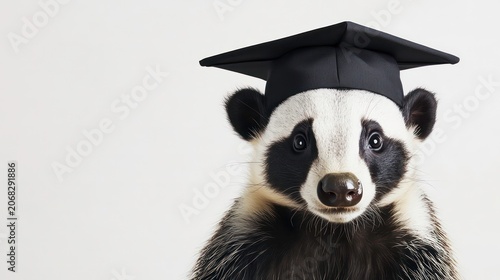 A playful badger wearing a graduation cap, symbolizing achievement and education, against a white isolated background