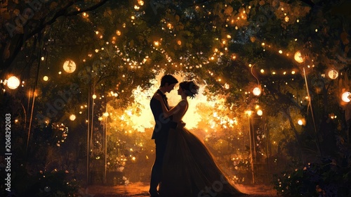 Couple embracing in a magical garden at night