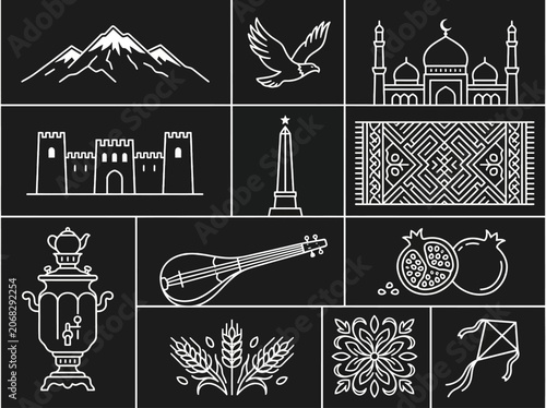 Tableau sur toile Azerbaijan Cultural Symbols and Landmarks Icon Set, White Line Art on Black Back