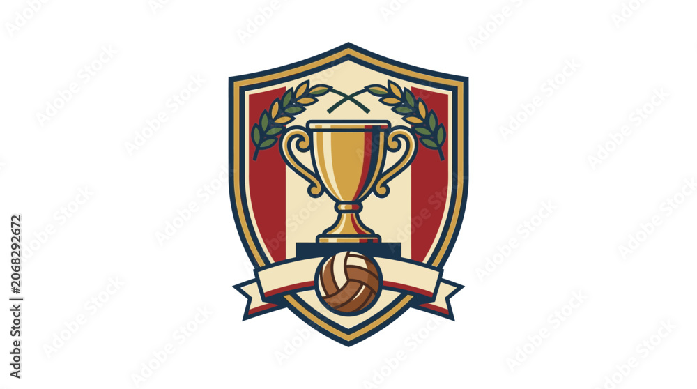 Obraz premium Volleyball championship shield emblem with trophy and laurel.