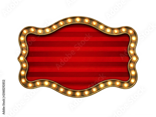 Red vintage theater sign banner with bright glowing light bulbs for cinema or show advertisement isolated on transparent background