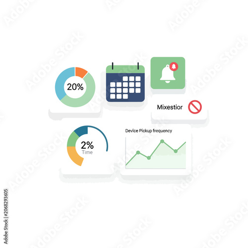 Minimalist flat design illustration of digital user interface elements showcasing data analytics, app usage statistics, and notification features for modern business and technology applications
