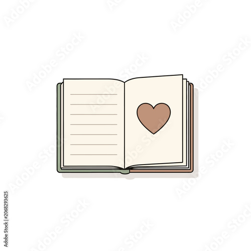 Minimalist open gratitude journal icon with a heart symbol on lined notebook page illustration isolated on white background
