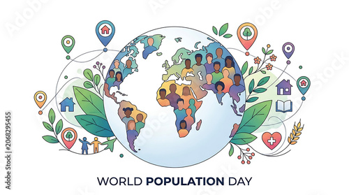 Minimalist world population day design with social and nature icons