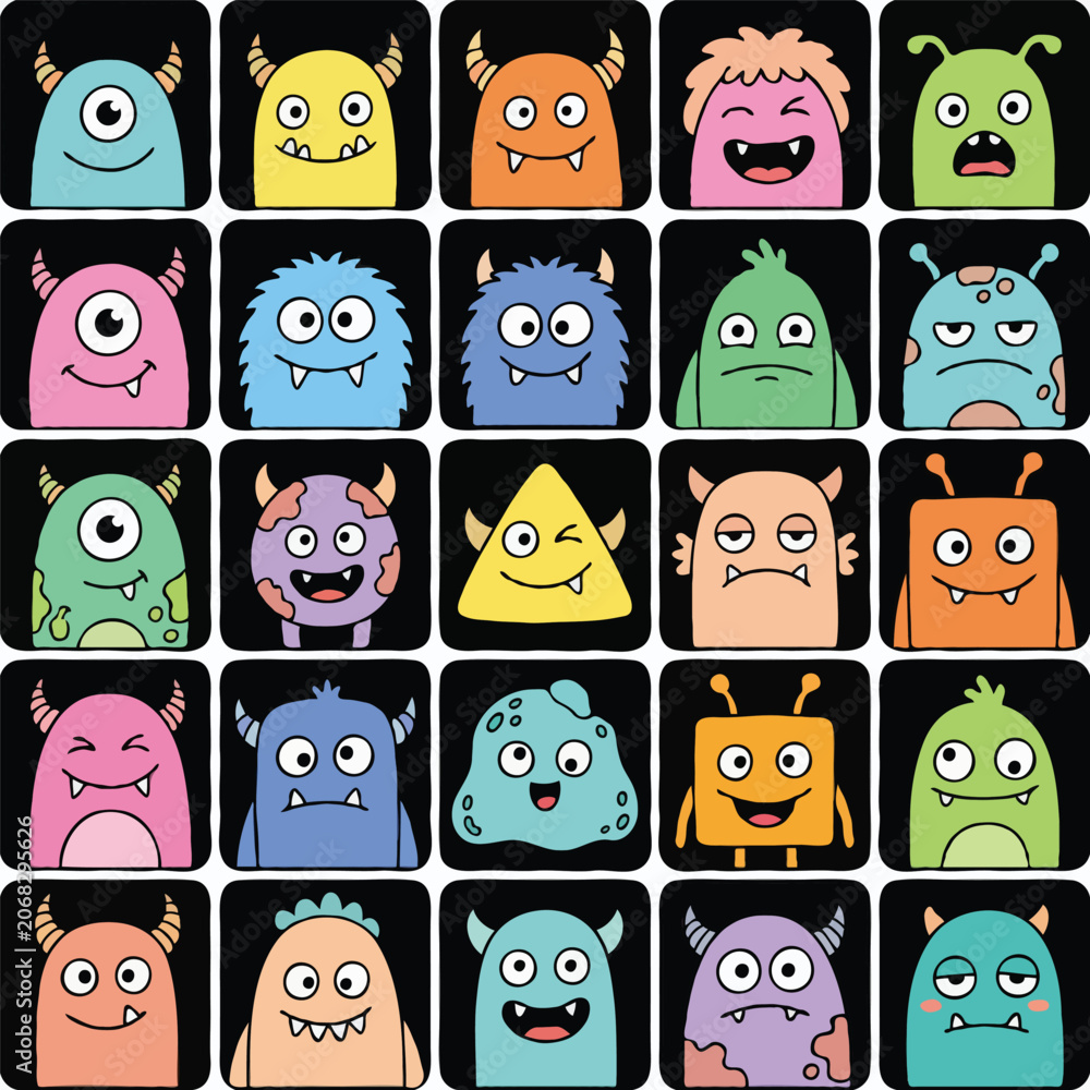 Obraz premium A collection of 25 cute cartoon monster characters with flat vector design