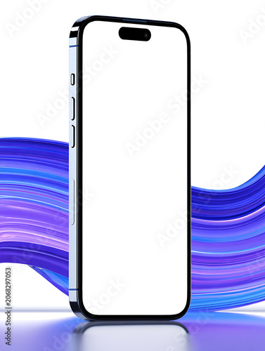 Smartphone with blank screen on colorful blue purple wave background template for design transparent background