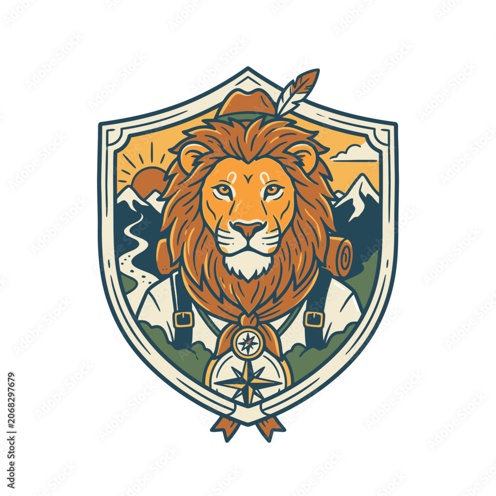 Obraz premium Lion hiker mascot wearing hat inside mountain shield