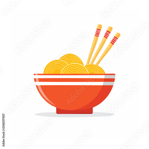 Red bowl of spiral noodles with chopsticks