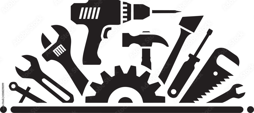 Fototapeta premium Collection of various construction and repair tools with drill, wrench, hammer, and saw.