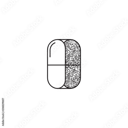 Innovative medical pill icon with integrated microchip circuit board design.