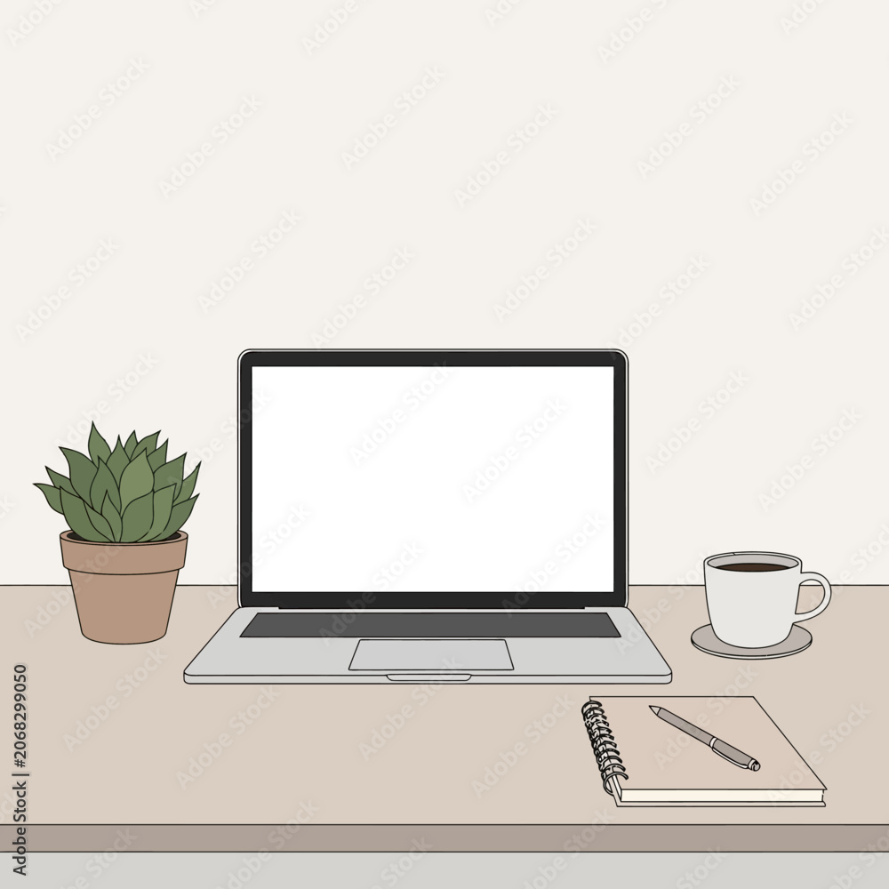 Fototapeta premium Minimalist remote work setup with a blank screen laptop, potted plant, hot coffee, and stationery on a light-toned desk, perfect for productivity, rendered in a clean vector illustration style
